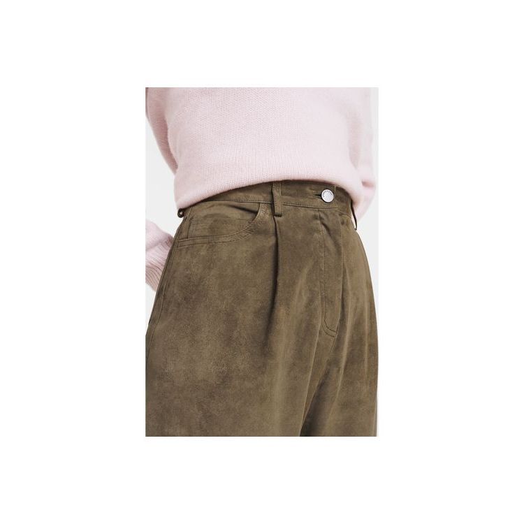 Longchamp Trousers Leren Broek Khaki | 371624-ROJ